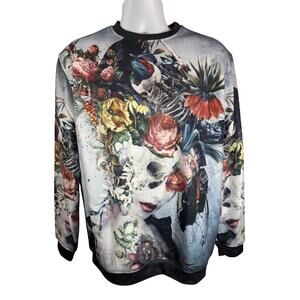 Fresh Hoods White Skull & Floral Graphic Sweater - Men's Size Large